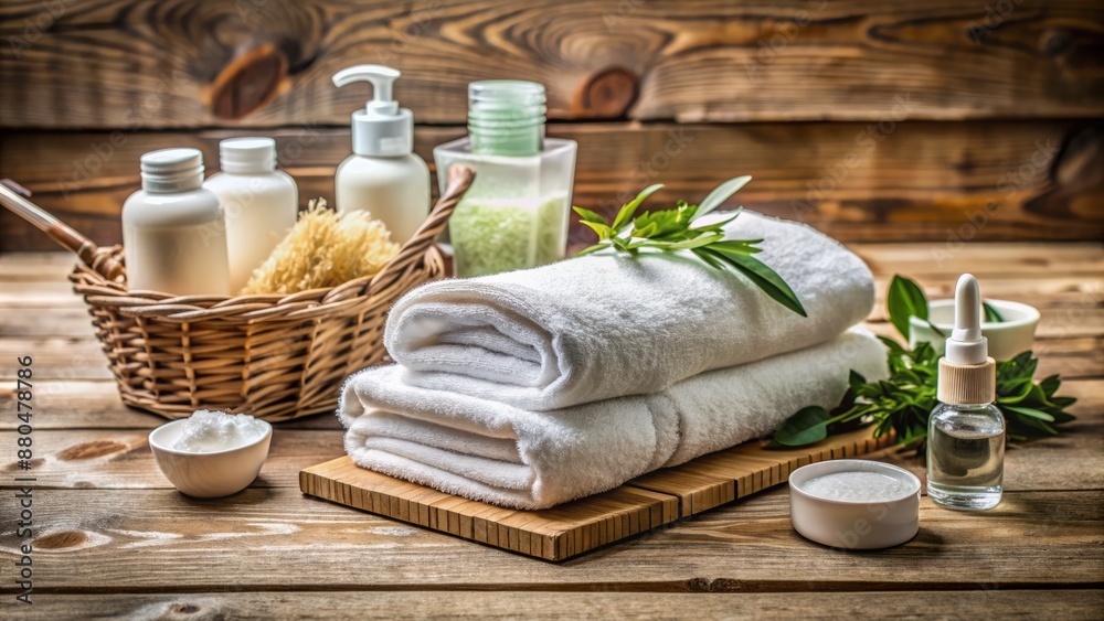 A neatly folded white towel accompanied by an array of personal care items arranged symmetrically on a rustic wooden table surface. A neatly folded white towel accompanied by an array of personal care items arranged symmetrically on a rustic wooden table surface.