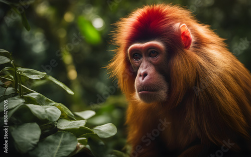 A uakari monkey in the Amazon rainforest, with dense vegetation and warm, dappled sunlight photo