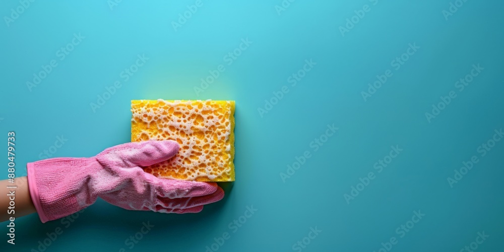 Hand in pink glove cleaning with a sponge on blue background. Hand in pink glove cleaning with a sponge on blue background.
