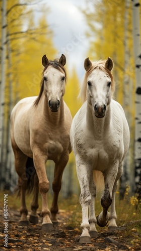 two horses are standing in the woods, one of them has a white patch on his forehead.