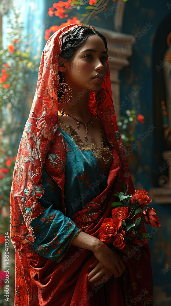 Beautiful Women In Traditional Dress With Roses On Blurry Background Beautiful Women In Traditional Dress With Roses On Blurry Background