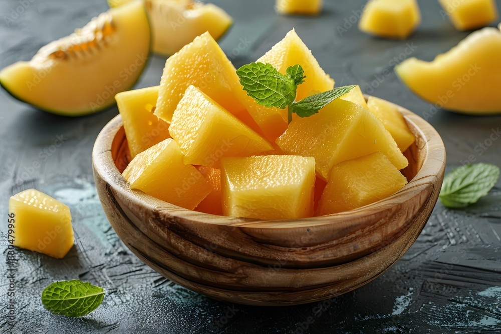 Freshly Cut Melon Cubes in a Wooden Bowl with Mint Garnish Freshly Cut Melon Cubes in a Wooden Bowl with Mint Garnish