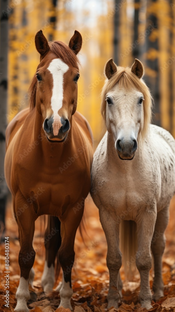 two horses are standing in the woods, one of them has a white patch on his forehead. two horses are standing in the woods, one of them has a white patch on his forehead.