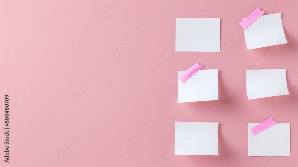 Six white sticky notes on a pink background. Six white sticky notes on a pink background.