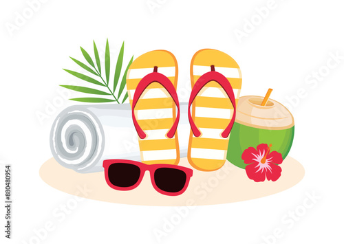 Summer beach accessories icon set vector isolated on a white background. Flip flops, towel, sunglasses, coconut drink, hibiscus flower vector illustration. Exotic summer vacation symbol