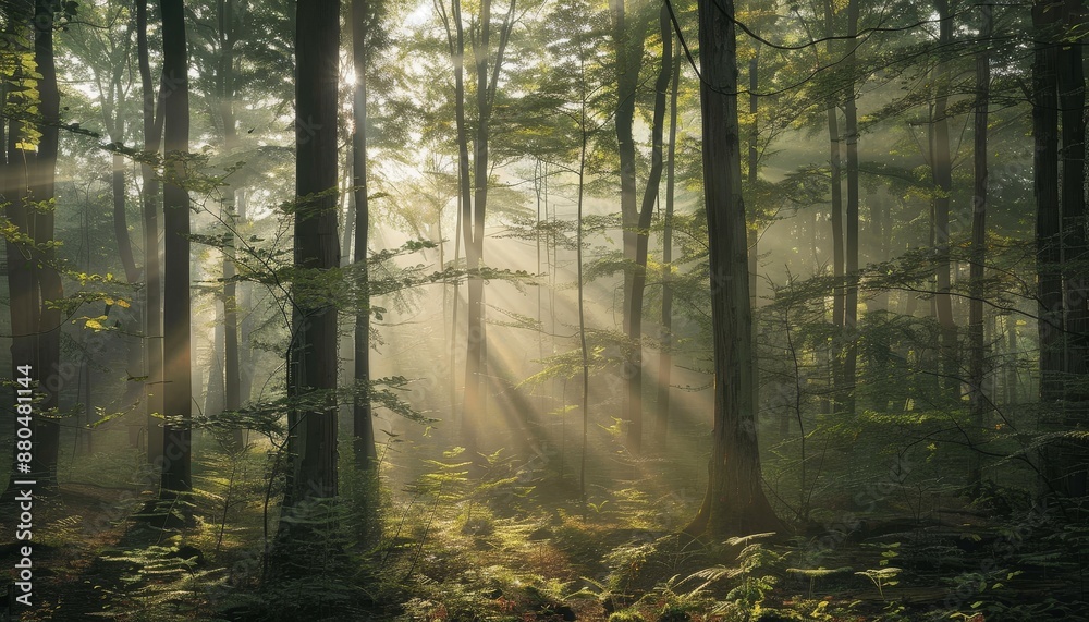 Obraz premium Serene Forest Scene with Sunlight Filtering Through Lush Greenery