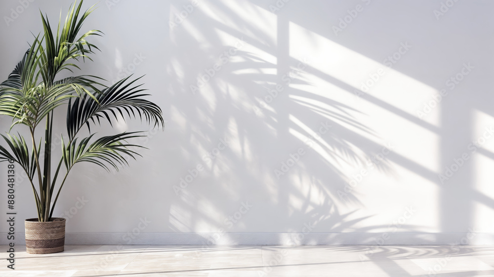 Indoor palm plant casting shadows on a white wall in a minimalist bright room with natural sunlight streaming through the window Indoor palm plant casting shadows on a white wall in a minimalist bright room with natural sunlight streaming through the window