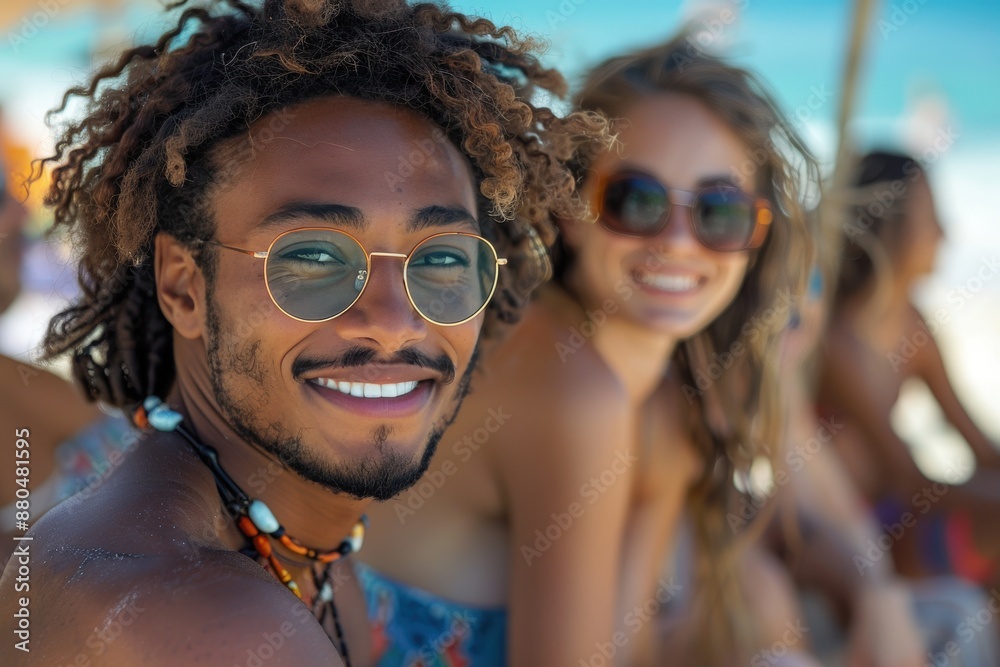 A young couple, wearing sunglasses, smiles brightly while enjoying a sunny day at the beach, exuding a sense of happiness, leisure, and companionship in a coastal setting. A young couple, wearing sunglasses, smiles brightly while enjoying a sunny day at the beach, exuding a sense of happiness, leisure, and companionship in a coastal setting.