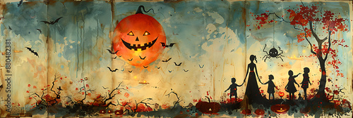 Chinese family celebrating Halloween depicted in a colorful painting