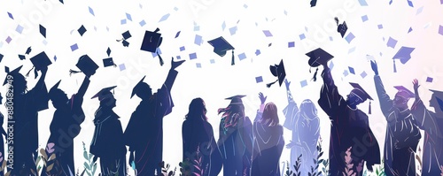 Group of silhouette graduate students tossing caps into the air, joyful celebration, clear sky background, isolated on white background, copy space