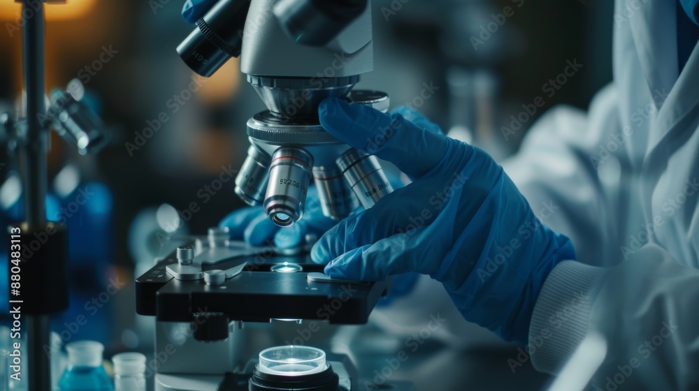 In a laboratory, a microscope with a metal lens can be seen up close. In a laboratory, a microscope with a metal lens can be seen up close.
