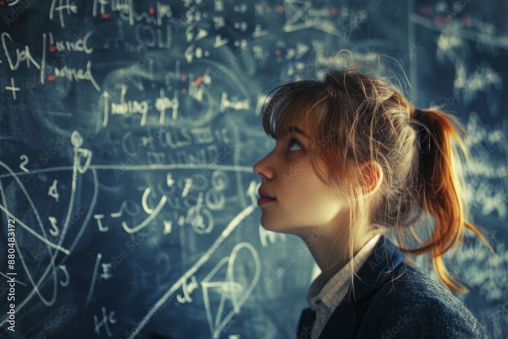 teen girl overwhelmed by math formula. Concept of Pressure, Education, Success. teen girl overwhelmed by math formula. Concept of Pressure, Education, Success.