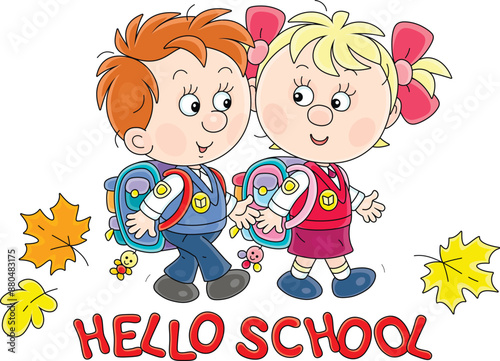Happy little schoolboy and schoolgirl with their schoolbags friendly talking and going to school to the start of classes, vector cartoon illustration on a white background