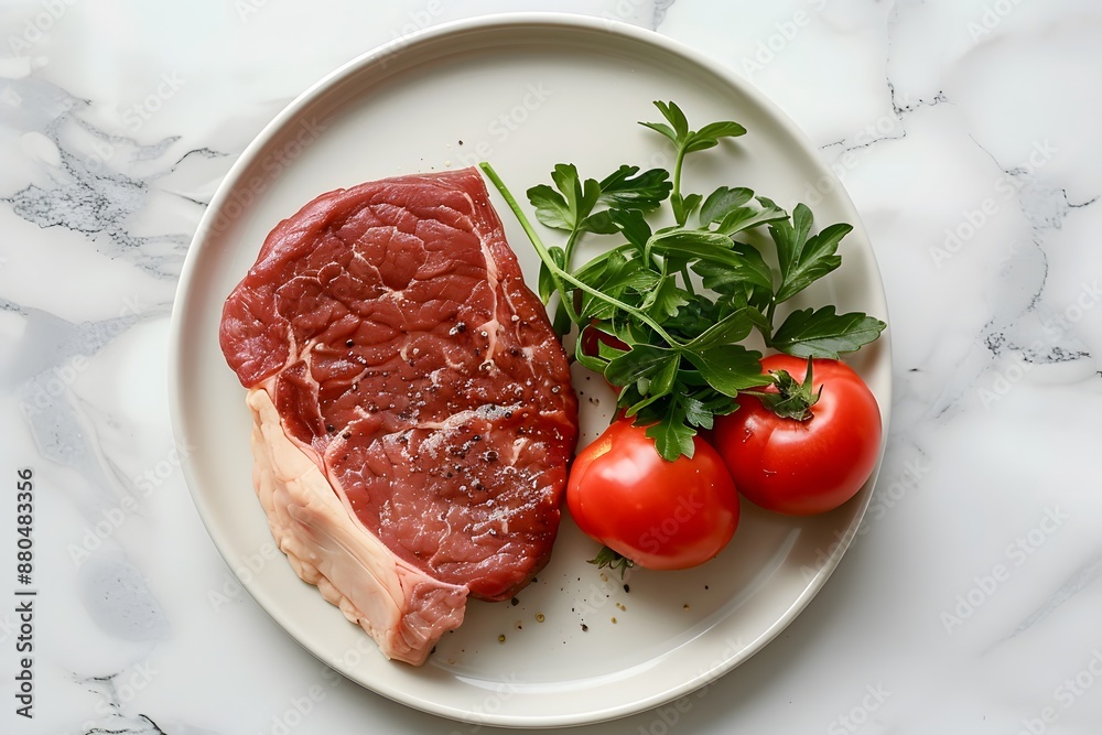 Fresh Raw Steak with Tomatoes and Parsley on a Plate Fresh Raw Steak with Tomatoes and Parsley on a Plate
