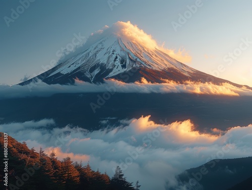 Clouds creating a natural frame around a snow-capped mountain peak, captured in 4K. 