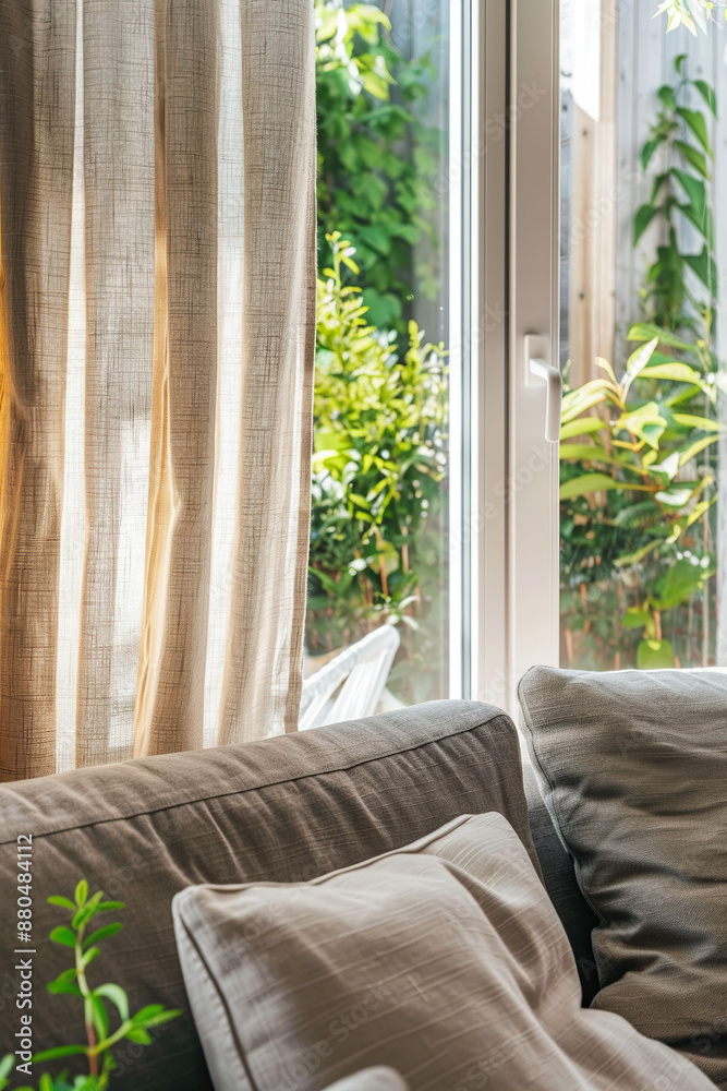 Fototapeta premium A window with light brown curtains, green plants outside the glass, and a beige sofa next to it. The sunlight shines through the curtain onto part of the couch, creating soft shadows on its surface.