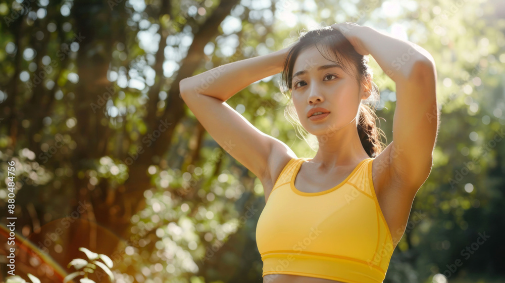 Female jogger. Fit young Asian woman with yellow sportswear stretching muscle in park before running and enjoying a healthy outdoor. Fitness runner girl in public park. Wellness being concept Female jogger. Fit young Asian woman with yellow sportswear stretching muscle in park before running and enjoying a healthy outdoor. Fitness runner girl in public park. Wellness being concept