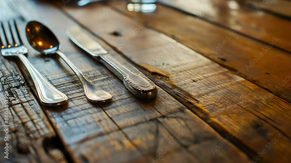 Close-up of stainless steel silver knife, fork, and spoon, cutlery, set dishware or utensils for eating food, on an old brown wooden table in a restaurant, concept of dinner, dining tableware. Close-up of stainless steel silver knife, fork, and spoon, cutlery, set dishware or utensils for eating food, on an old brown wooden table in a restaurant, concept of dinner, dining tableware.