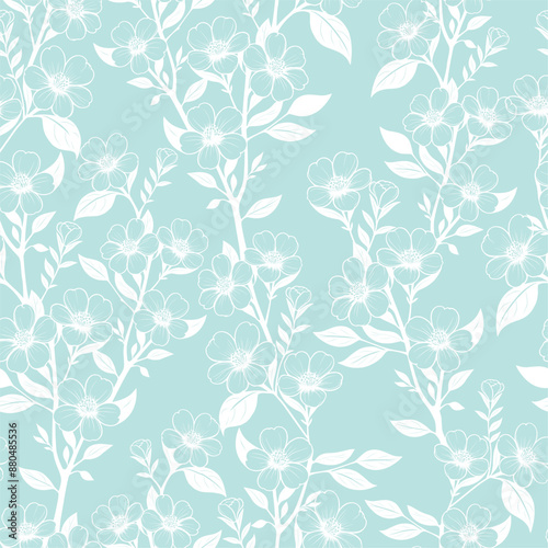 floral seamless background. pastel vector illustration with flowers, leaves and twigs in light sky blue tones