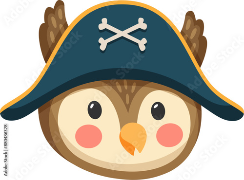 Cartoon owl bird pirate and corsair. Sailor and captain, skipper and boatswain character. Isolated vector cute kawaii woodland animal personage face. Owlet in a dashing cocked hat with a bones emblem