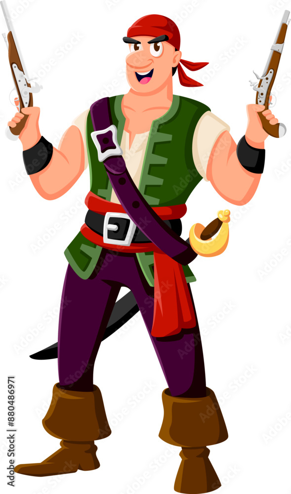 Cartoon sailor and skipper pirate character, boatswain and captain corsair or filibuster. Isolated vector swashbuckling sea personage with bandana and happy grin, holding guns and ready for fight Cartoon sailor and skipper pirate character, boatswain and captain corsair or filibuster. Isolated vector swashbuckling sea personage with bandana and happy grin, holding guns and ready for fight