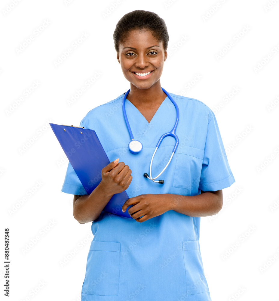 Nurse, portrait and black woman in studio with clipboard for notes, healthcare information or paperwork on white background. Checklist, medical worker and person for insurance report, script or admin Nurse, portrait and black woman in studio with clipboard for notes, healthcare information or paperwork on white background. Checklist, medical worker and person for insurance report, script or admin