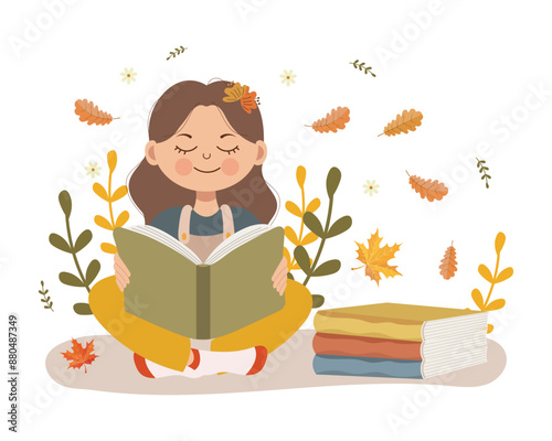 A cute little girl reads a book against the backdrop of autumn leaves.  Autumn school illustration, vector