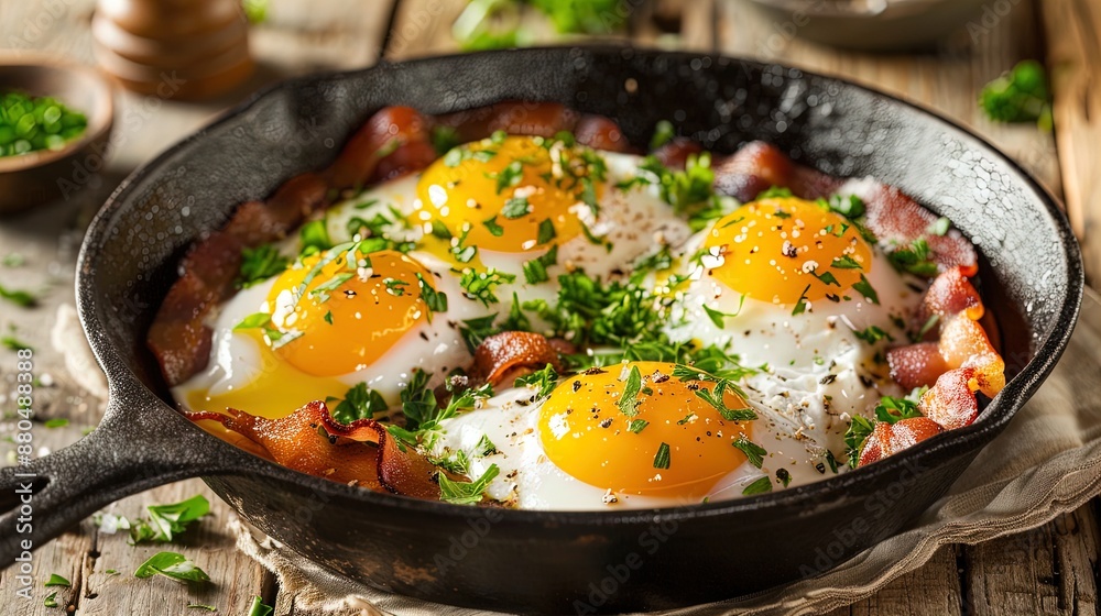 Fried eggs with crispy bacon and fresh herbs in a cast iron skillet on a rustic wooden table. Close-up food photography. Breakfast and brunch concept.