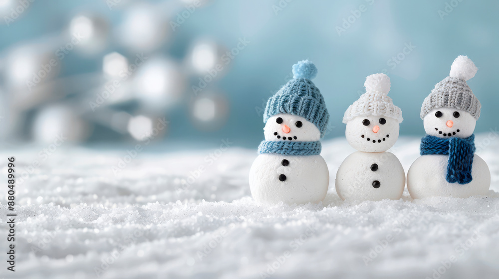 Three cute snowmen with knit hats and scarves standing in snow, with a blurred winter background. Perfect for Christmas and winter-themed marketing, decorations, and greeting cards. Suitable for retai Three cute snowmen with knit hats and scarves standing in snow, with a blurred winter background. Perfect for Christmas and winter-themed marketing, decorations, and greeting cards. Suitable for retai