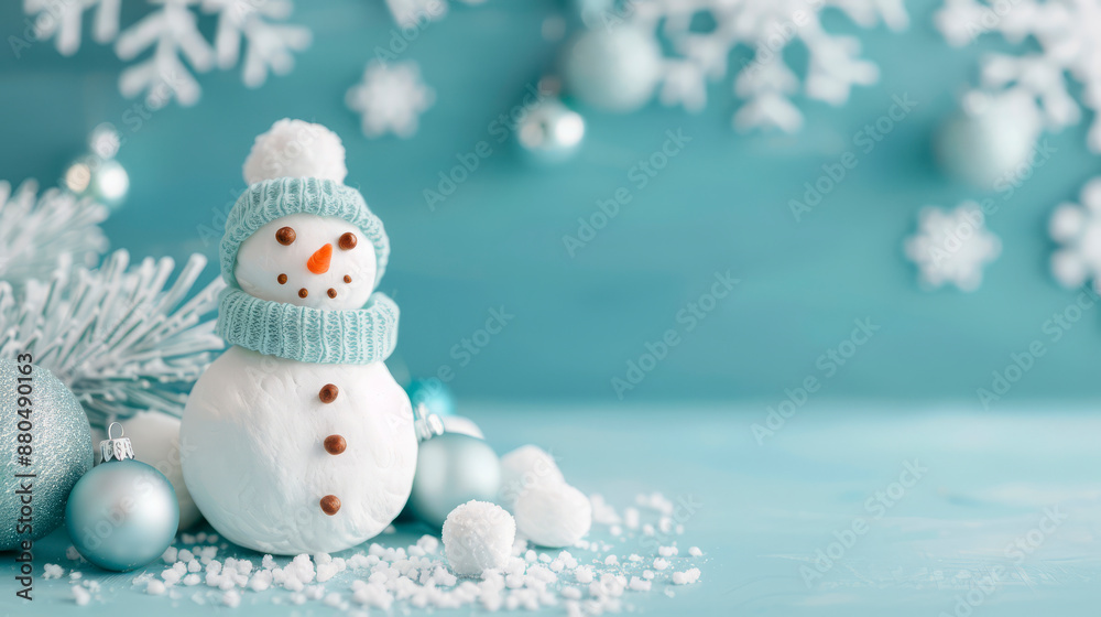 Obraz premium Snowman on a snowy surface with festive bokeh lights in the background, concept: holiday cheer and winter celebrations, suitable for greeting card businesses and holiday-themed marketing.