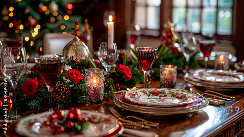 Christmas dinner table set with elegant plates and glasses, adorned with festive decorations, concept: holiday dining, suitable for holiday marketing, Christmas promotions, and event planning. Christmas dinner table set with elegant plates and glasses, adorned with festive decorations, concept: holiday dining, suitable for holiday marketing, Christmas promotions, and event planning.