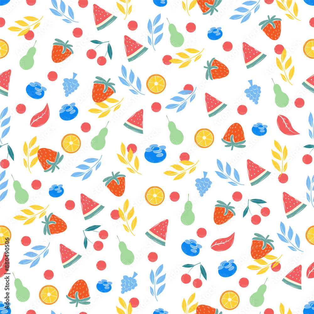 Seamless pattern with fruits in warm pastel color. Great for wallpaper, wrapping, gift papers, clothing, web page backgrounds, greeting cards and more Seamless pattern with fruits in warm pastel color. Great for wallpaper, wrapping, gift papers, clothing, web page backgrounds, greeting cards and more