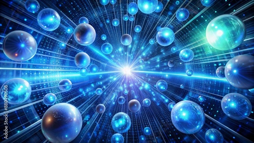 Vibrant blue orbs pierce through swirling digital vortex of ones and zeros on a futuristic cyberpunk backdrop. photo