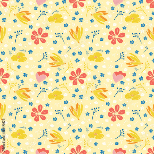 Garden flower, plants ,botanical ,seamless pattern vector design for fashion, fabric, wallpaper and all prints on green mint background color. Cute pattern in small flower. Small colorful flowers.