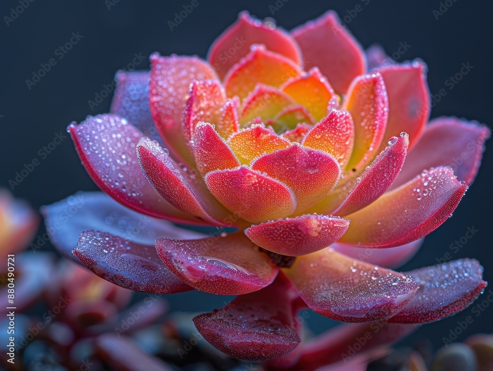 Close-up of a vibrant succulent with dewdrops on petals, showcasing its beautiful colors and intricate details against a dark background. Close-up of a vibrant succulent with dewdrops on petals, showcasing its beautiful colors and intricate details against a dark background.