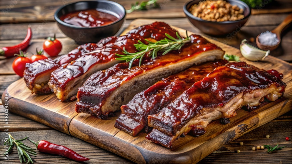 Juicy tender smoked pork spare ribs slathered in rich tangy barbecue sauce arranged artfully on a rustic wooden cutting board. Juicy tender smoked pork spare ribs slathered in rich tangy barbecue sauce arranged artfully on a rustic wooden cutting board.