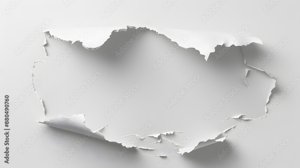 White sheet of paper with a large torn hole, white background White sheet of paper with a large torn hole, white background