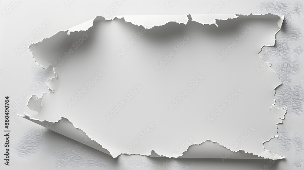 White sheet of paper with a large torn hole, white background White sheet of paper with a large torn hole, white background