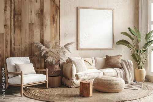 elegant mockup frame takes center stage in a serene bohoinspired interior natural textures earthy tones and carefully curated decor create a harmonious and inviting atmosphere photo