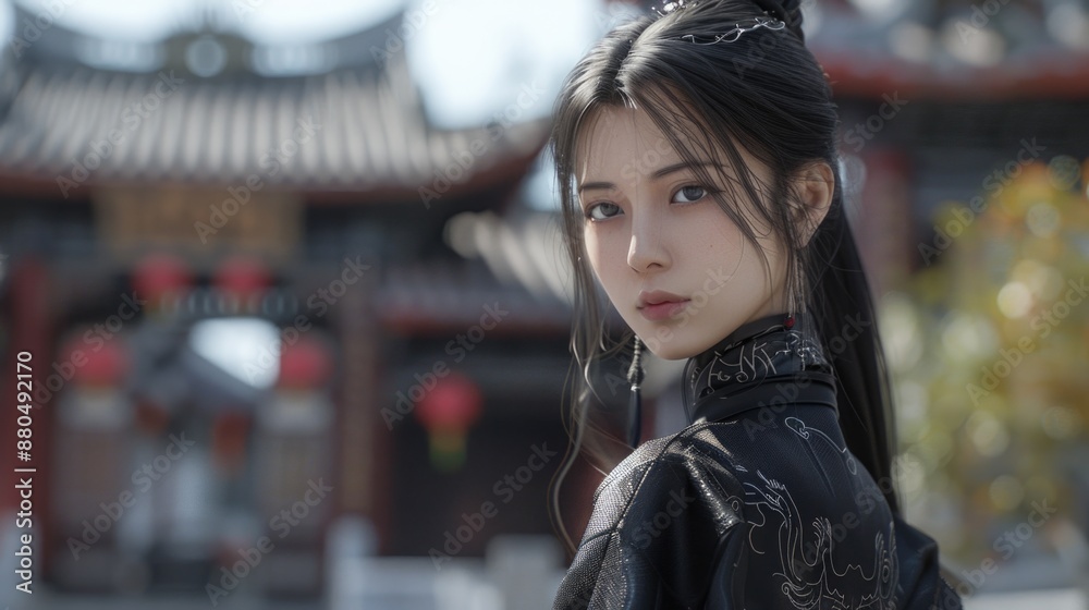 Tranquil Beauty in Traditional Asian Attire Amidst Historical Architecture