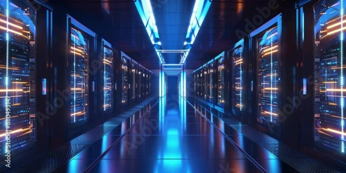 Server racks with glowing lights suitable for illustrating data centers, technology infrastructure, network management, digital security concept