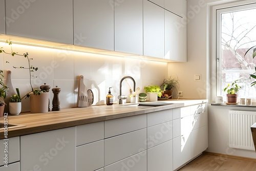 A Scandinavian classic kitchen with sleek white cabinets, natural wooden countertops, and minimalist decor, bathed in soft natural light.