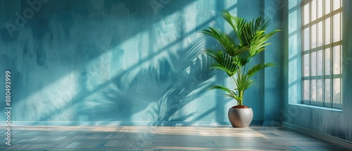 Sunlit Modern Interior with Potted Plant and Large Window Casting Shadows on Blue Wall
