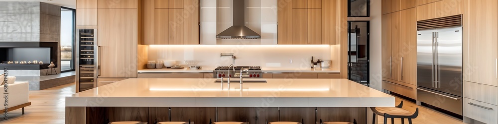 Fototapeta premium A spacious contemporary kitchen with a large island, quartz countertops, and light wood cabinetry, complemented by stainless steel fixtures and a seamless design.