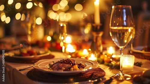 Elegant dinner party with beautifully set table, candlelight, and gourmet dishes