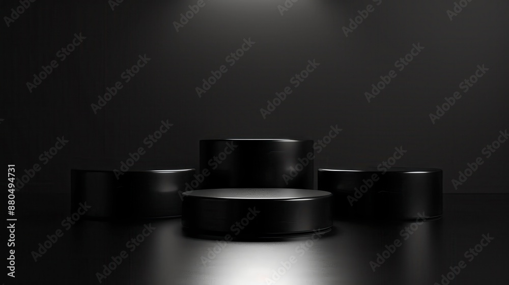 Glossy black podiums under dramatic lighting on a dark background, emphasizing mystery and luxury Glossy black podiums under dramatic lighting on a dark background, emphasizing mystery and luxury