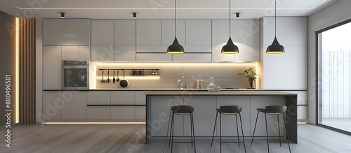 An elegant contemporary kitchen featuring an open-concept design with an island, modern pendant lights, and minimalist white and grey color scheme.