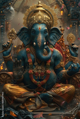 Majestic Blue Ganesha Enthroned in Glory