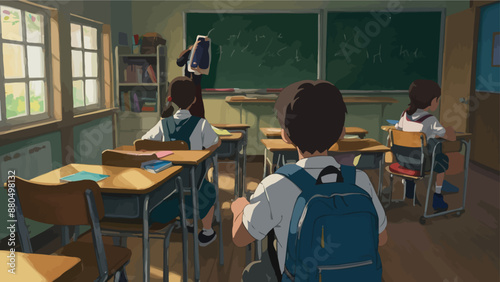 UntitledVintage-style classroom with students focused on a teacher giving a lecture in front of a chalkboard. AIG41