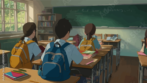 UntitledVintage-style classroom with students focused on a teacher giving a lecture in front of a chalkboard. AIG41